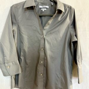 Foxcroft NYC Non Iron Stretch Button Shirt Gray Cotton Blend Sz M Office Classic